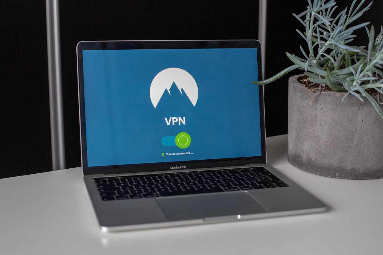 about-01 Laptop with VPN screen and a succulent plant on a desk, emphasizing online privacy and security.